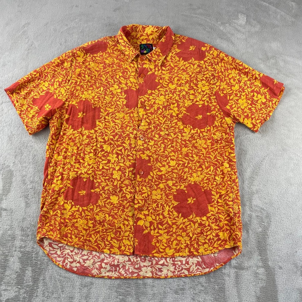 Vintage Jams World Shirt Men Large Orange Floral Hawaiian Short Sleeve USA Made